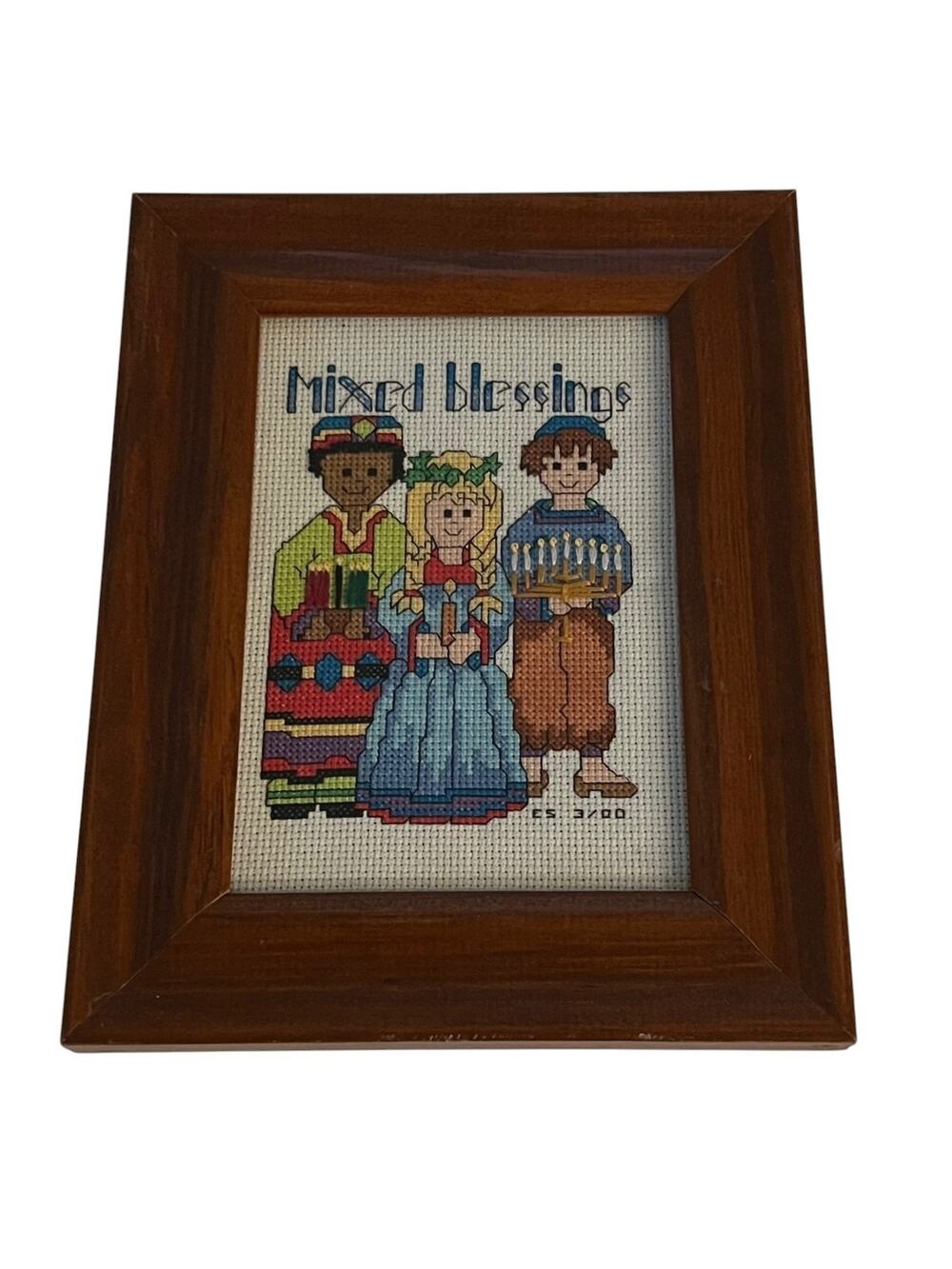 Vintage Framed Cross Stitch Mixed Blessings Cultural Diversity Holiday 9.5x7.5